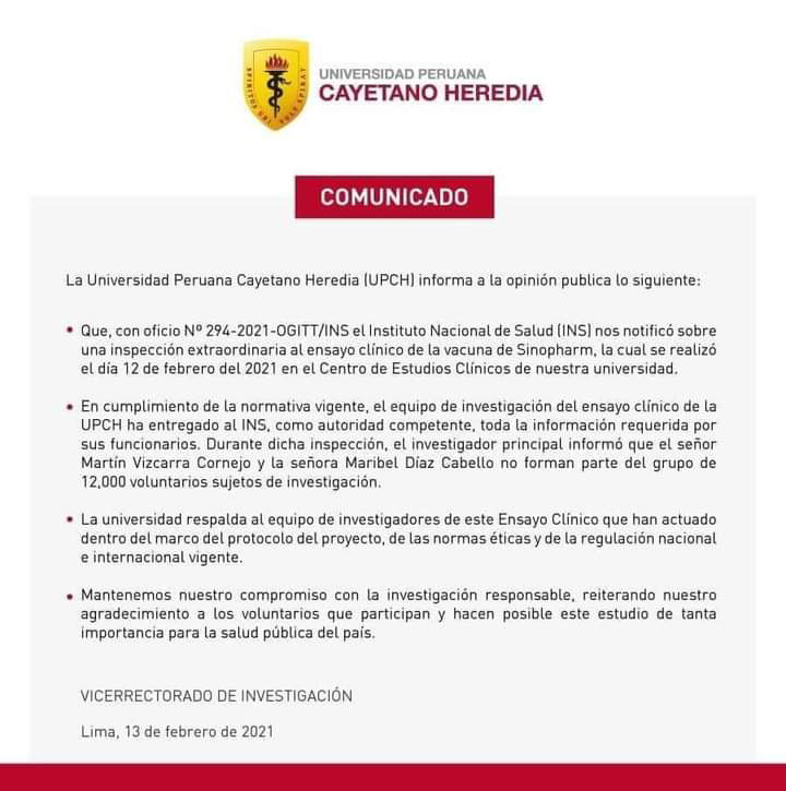 Comunicado de la Universidad Cayetano Heredia