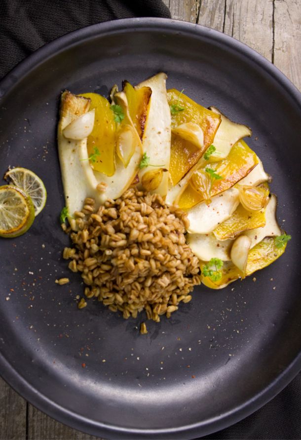 Roasted King Oyster Mushrooms with Pumpkin and Spelt